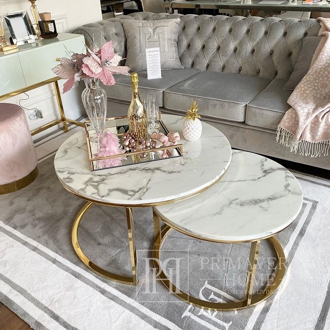 glamūrinis kavos staliukas MARCO GOLD auksinis su balto marmuro viršumi OUTLET