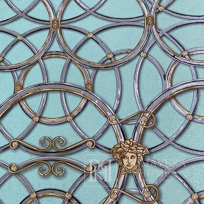 Tapeta glamour Versace IV styl barokowy złote koła na turkusowym tle 