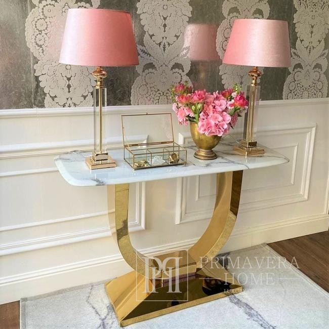 A console in a modern glamor style with a white marble top, ART DECO gold