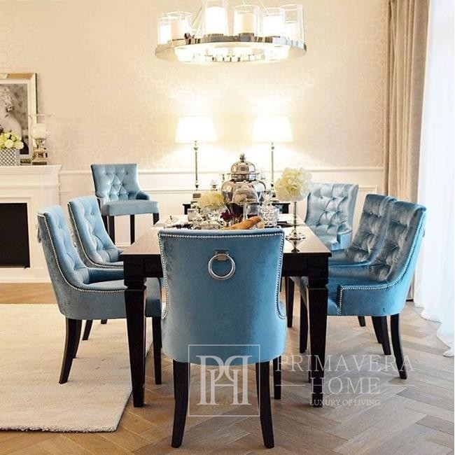 Krzesło glamour klasyczne do jadalni, z kołatką, drewniane, tapicerowane, glamour, pikowane, biała czarna noga TIFFANY