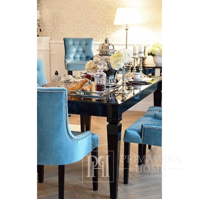 Krzesło glamour klasyczne do jadalni, z kołatką, drewniane, tapicerowane, glamour, pikowane, biała czarna noga TIFFANY