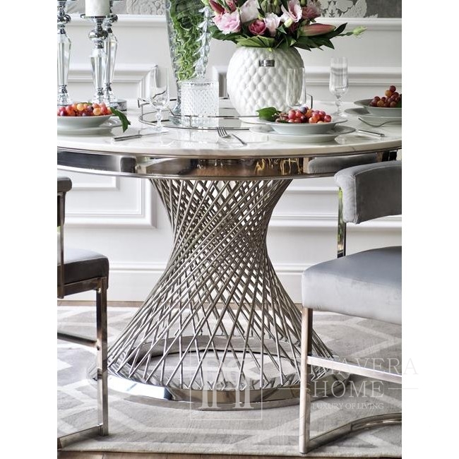 Designerski stół okrągły stalowy do jadalni z białym, czarnym, blatem, marmurowym nowoczesny glamour srebrny ANTONIO