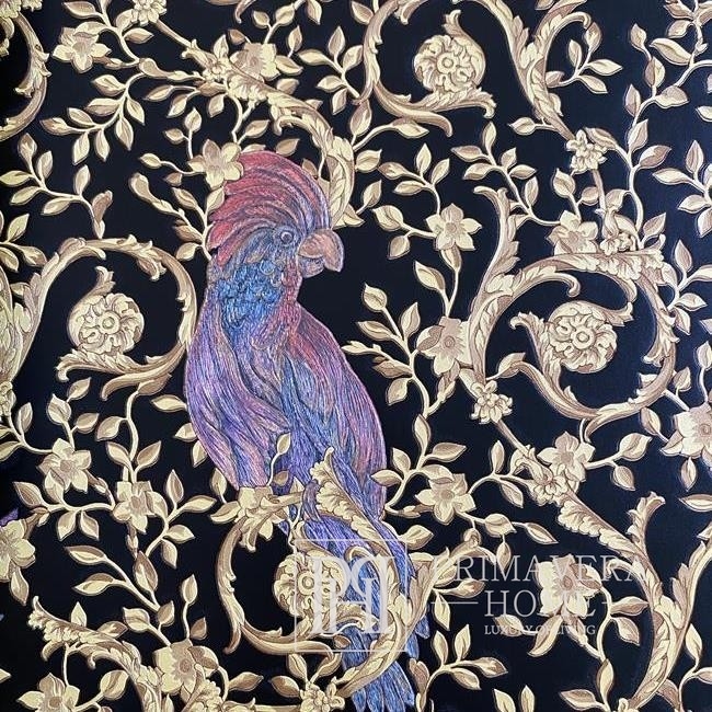 Tapeta glamour Versace Barocco Birds ornament, ptaki, złota czarna 