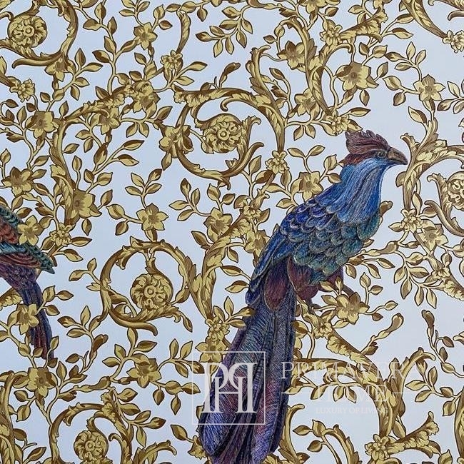 Versace Barocco Birds Glamourtapete mit Vogelornament, goldweiß