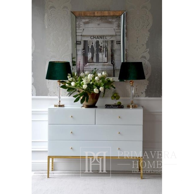 Glass chest of drawers Franco glamor style, steel legs,  white gold OUTLET
