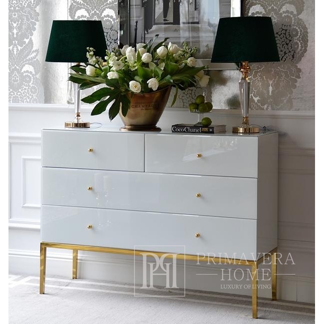 Stiklo komoda Franco glamor stiliaus, plieninės kojelės, balto aukso OUTLET