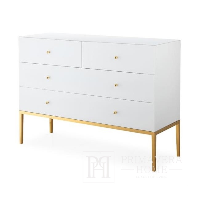 Glass chest of drawers Franco glamor style, steel legs,  white gold OUTLET