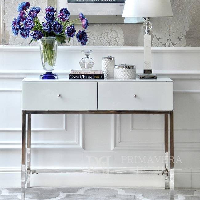 Glamour console FRANCO New York dressing table, high gloss super white  SILVER OUTLET