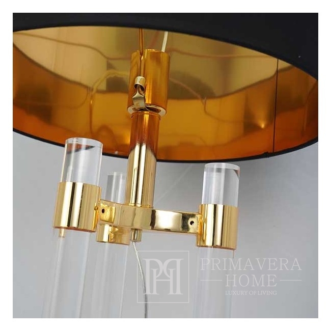 Glamouröse Tischlampe mit einem transparenten goldenen SERENA-Dreiecksockel