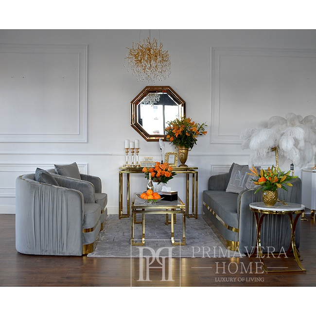 Glamour minkštas fotelis svetainei, valgomajam pilkai auksinis MADONNA GOLD