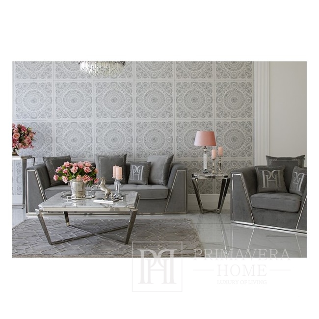Fotel glamour MONTE CARLO nowojorski tapicerowany do salonu nowoczesny 90x120x70 szary srebrny