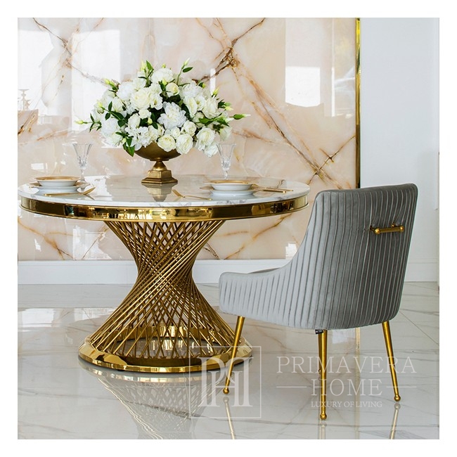 Tapicerowane krzesło w stylu glamour do jadalni salonu nowoczesne z kołatką szare złote PALOMA