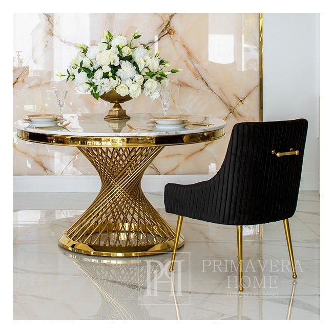 Designerski stół okrągły stalowy do jadalni z białym, czarnym blatem marmurowym nowoczesny glamour złoty ANTONIO