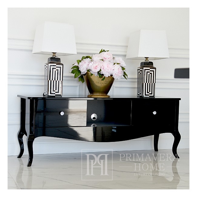 Stilvoller Schrank, TV-Tisch, glänzende Kommode, gebogene Beine schwarz ELENA GLAMOR