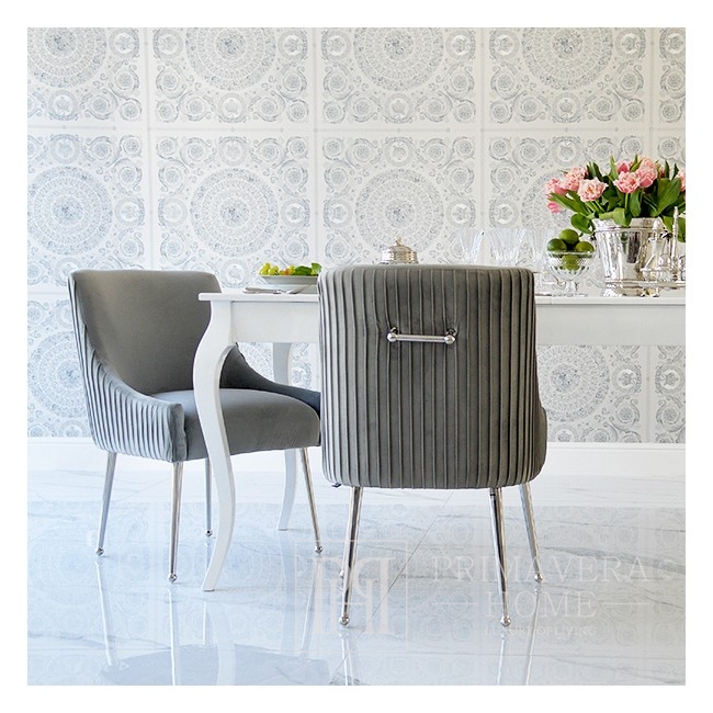 Krzesło tapicerowane glamour do jadalni salonu nowoczesne z kołatką szare srebrne PALOMA