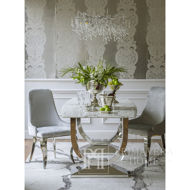Ekskluzywny stół do jadalni, glamour, art deco, biały blat marmurowy, stalowy, srebrny VOUGE OUTLET