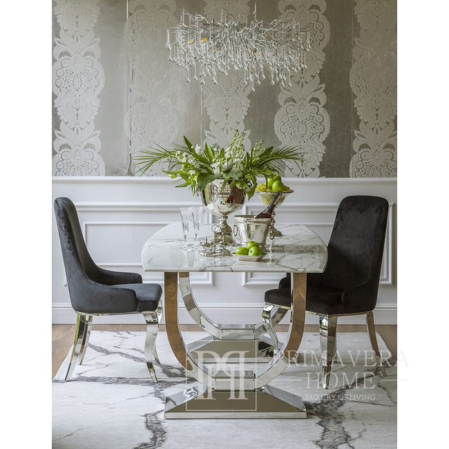 Ekskluzywny stół do jadalni, glamour, art deco, biały blat marmurowy, stalowy, srebrny VOUGE OUTLET