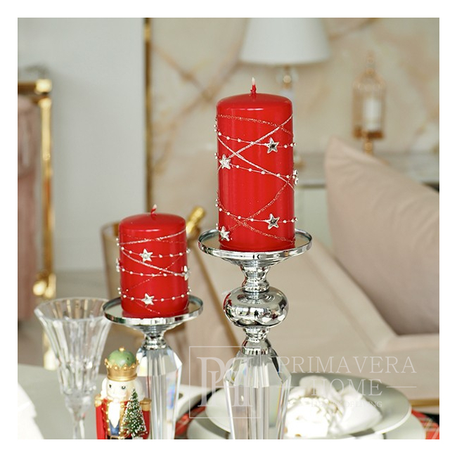 Świeczka czerwona świąteczna M ze srebrną girlandą 14 cm