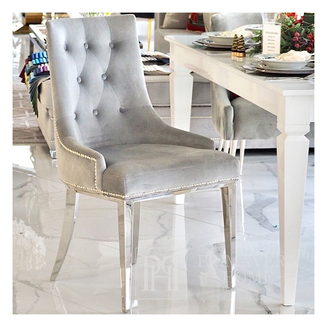 Silver gray upholstered chair on steel straight legs MADAME