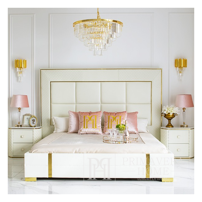 Upholstered bed, for the bedroom, modern, glamor, with stitching, white eco-leather, golden SOHO