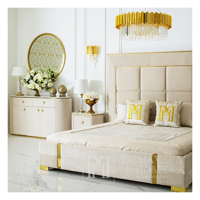Upholstered velvet bed with square stitching SOHO glamor golden, beige