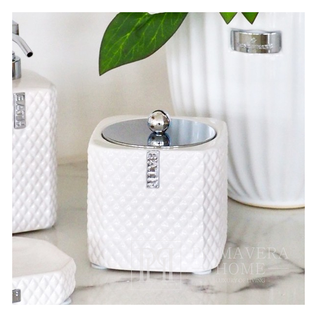 Pojemnik ceramiczny łazienkowy na waciki biały srebrny Lene Bjerre