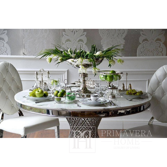 Sidabrinis apvalus stalas ANTONIO glamour iš plieno, baltas marmuras, juodas OUTLET