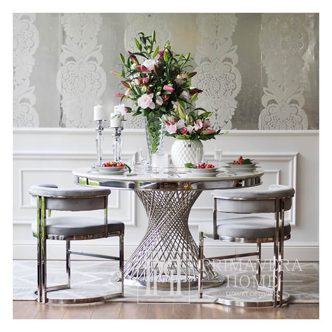 Silberner runder Tisch ANTONIO Glamour in Stahl, weißer Marmor, schwarz OUTLET 