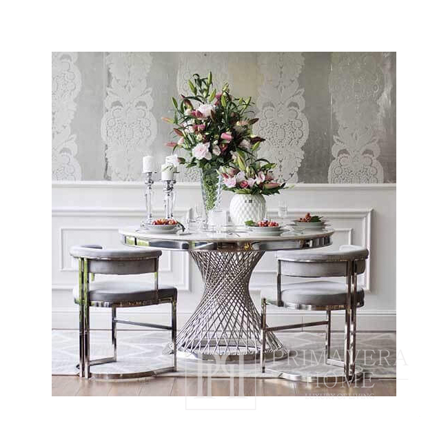 Silberner runder Tisch ANTONIO Glamour in Stahl, weißer Marmor, schwarz OUTLET