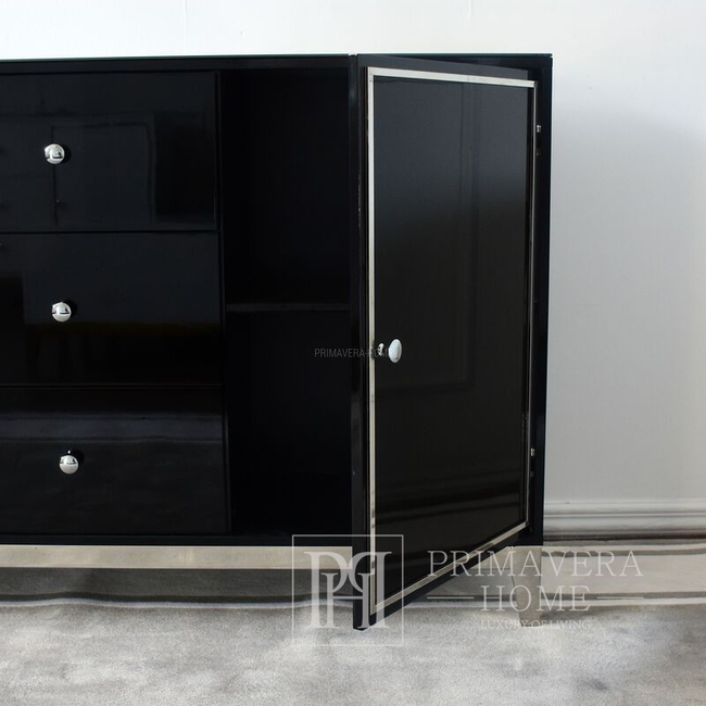 A glamor lacquered wooden chest of drawers with steel legs, black modern Lorenzo L Silver OUTLET 