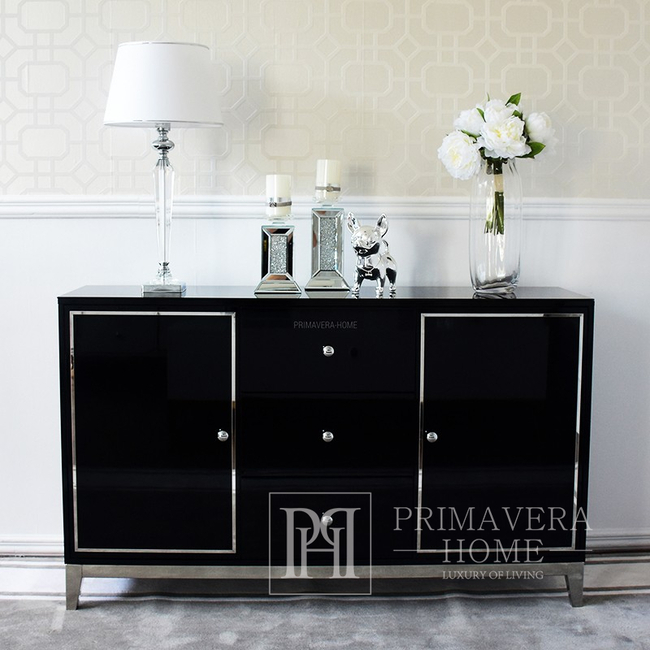 A glamor lacquered wooden chest of drawers with steel legs, black modern Lorenzo L Silver OUTLET 