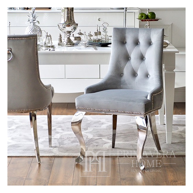 Krzesło glamour ekskluzywne, tapicerowane, pikowane z kołatką, do jadalni, na stalowych, giętych nogach, szare, srebrne MADAME 