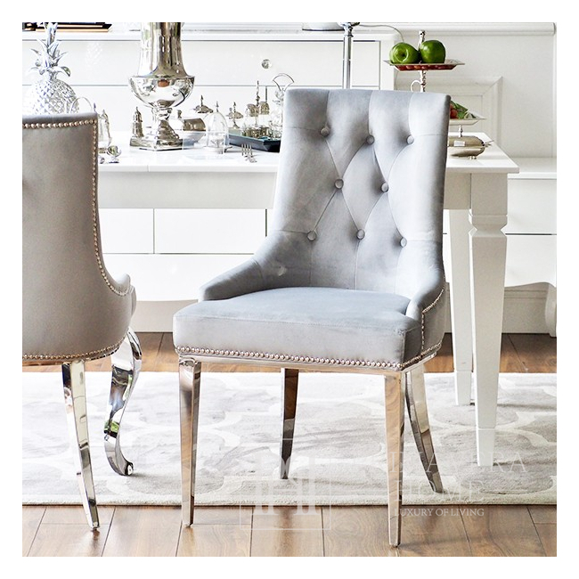 Silver gray upholstered chair on steel straight legs MADAME