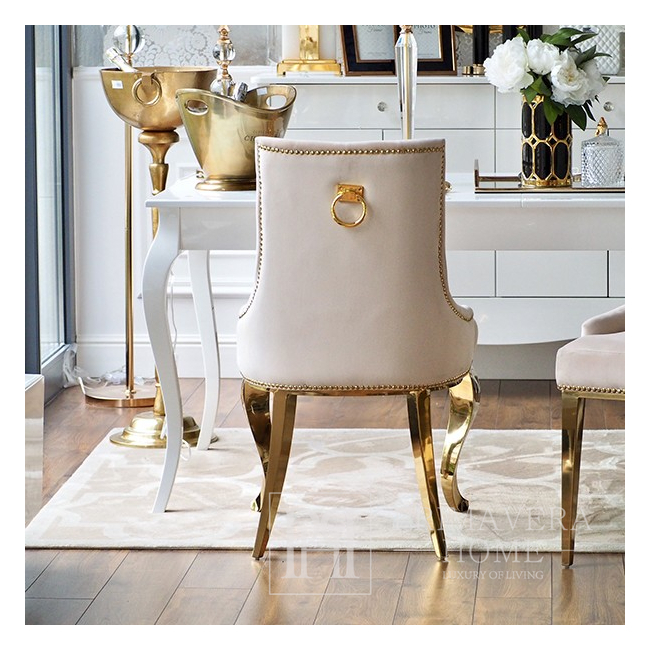 Gold upholstered chair on bent steel legs, beige MADAME