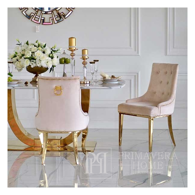 Gold upholstered chair on steel straight legs, beige MADAME