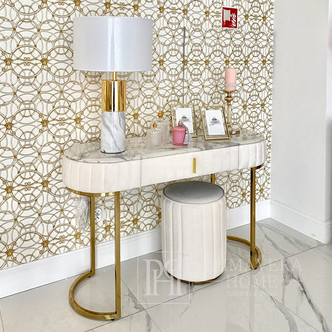 Nowoczesna lampa stołowa, glamour, nowojorska, duża, biały abażur, marmur, złota SILVIA