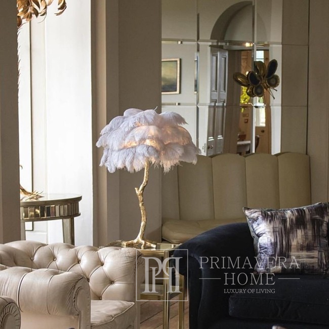 Ekskluzywana lampa stołowa z naturalnymi piórami glamour, nowoczesna, nowojorska, złota PARIS