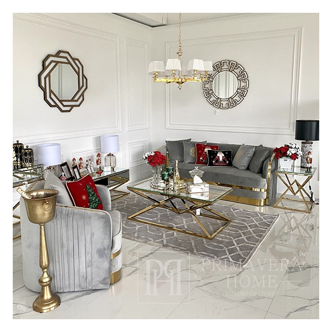 Nowoczesny fotel tapicerowany glamour do salonu, jadalni złoty szary MADONNA