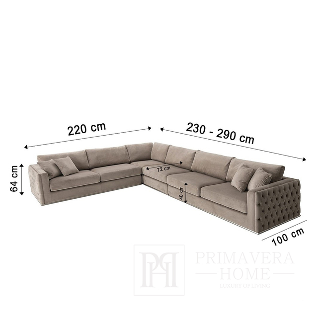 Stylowa sofa tapicerowana glamour narożna pikowana NERO
