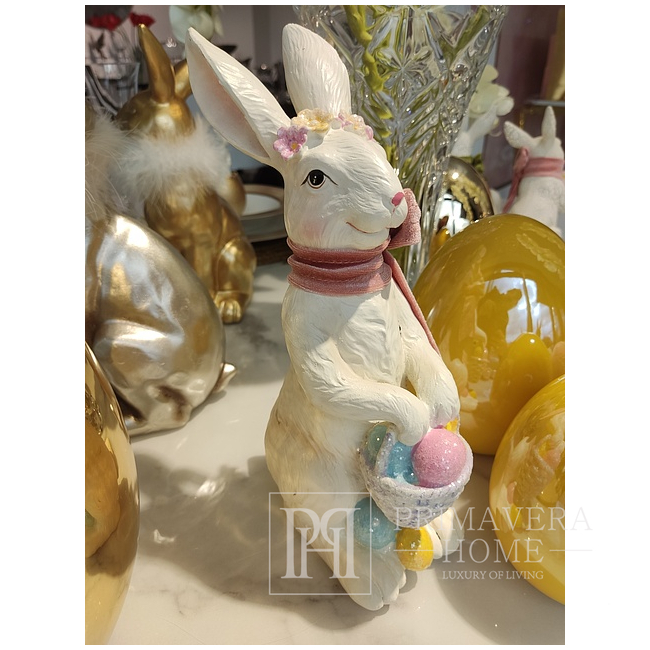 White Easter rabbit, with a pink bow, with a basket of Easter eggs, glamor
