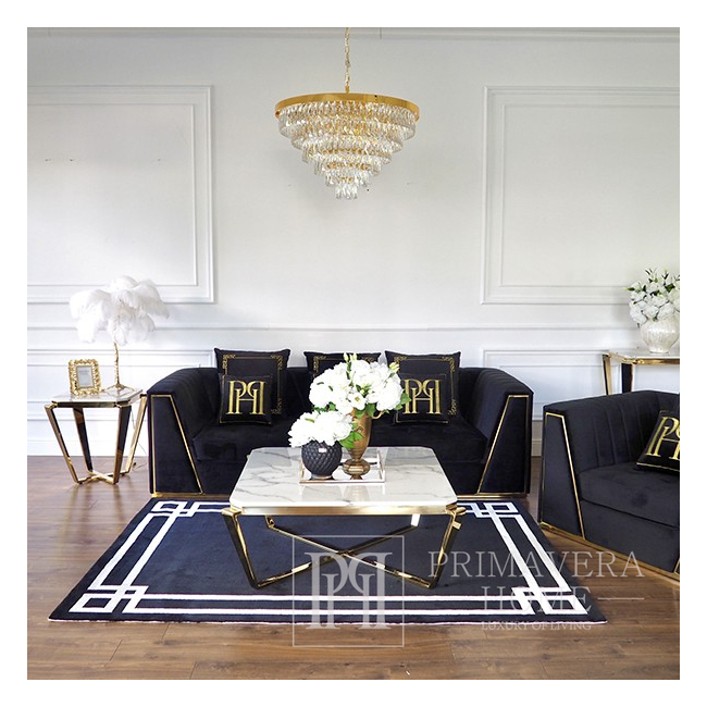 Sofa juoda, dygsniuota, velvet, šiuolaikiška, glamour stiliaus, svetainei, auksinė MONTE CARLO