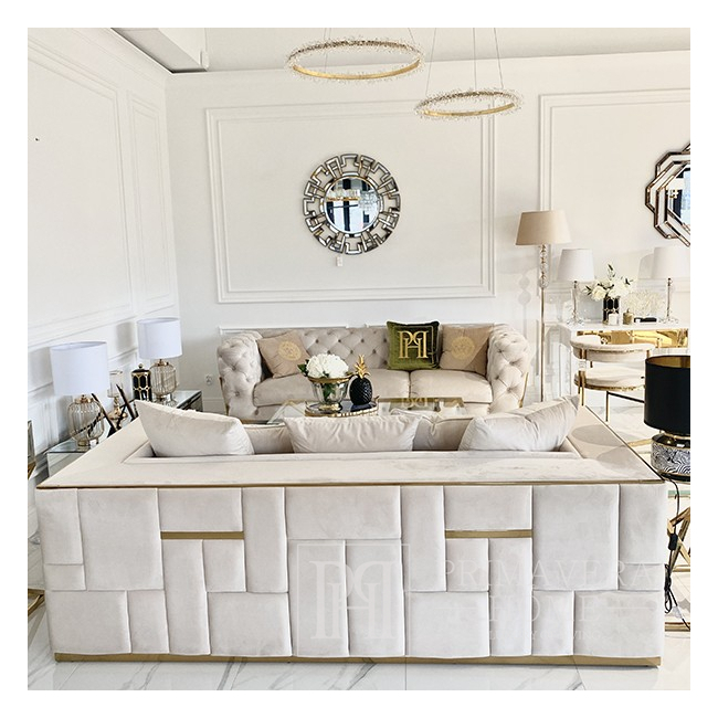 Išskirtinė minkšta, prabangi, glamūrinė, smėlio spalvos, auksinė sofa EMPORIO