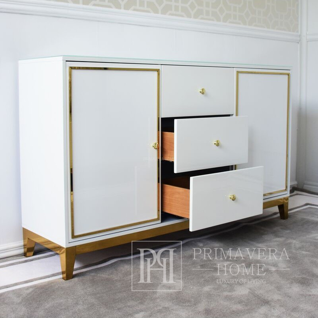 High gloss lacquered chest of drawers, wooden, glamor, white and gold LORENZO OUTLET 