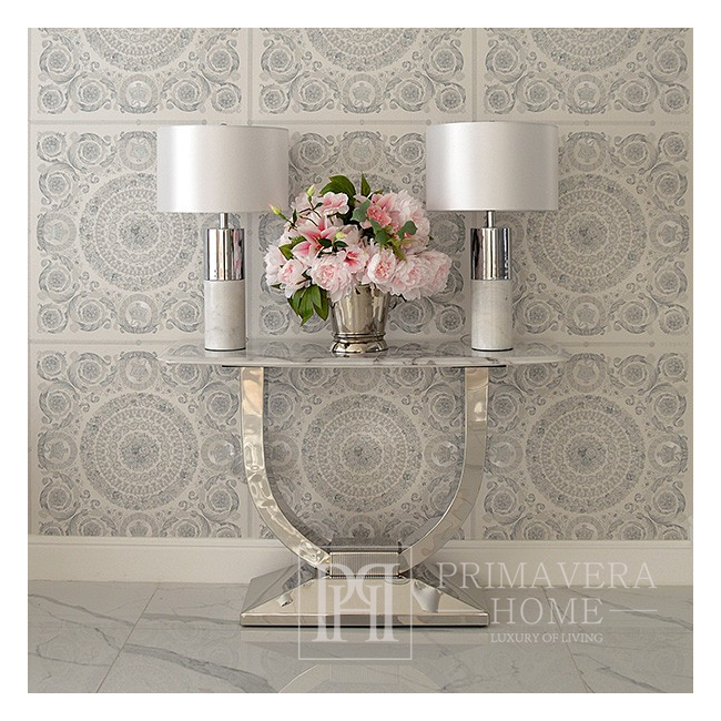 Glamour stiliaus šiuolaikiška sidabrinė ir balta stalinė lempa SILVIA 