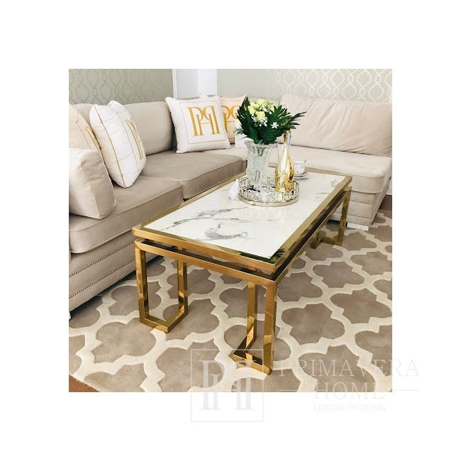 Glamor coffee table, classic, steel, with a white top, marble, gold OSKAR OUTLET