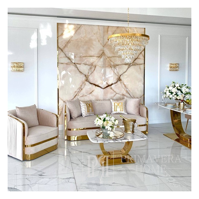 Exklusives Glamour-Sofa für das Wohnzimmer, Art Deco, modern, mit stahlgoldenen Lamellen, beige, Designergold MADONNA