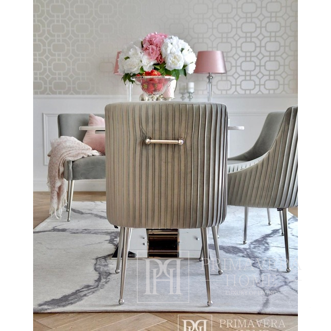 Ekskluzywne krzesło tapicerowane, glamour, do jadalni z kołatką, do toaletki, nowoczesne, szare, srebrne PALOMA