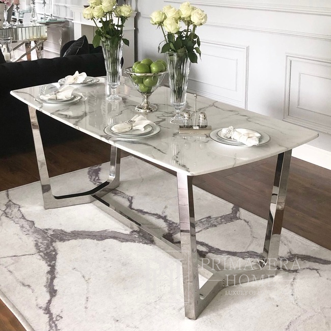 Modern glamor table for the dining room, steel, with a white top, silver KENT OUTLET