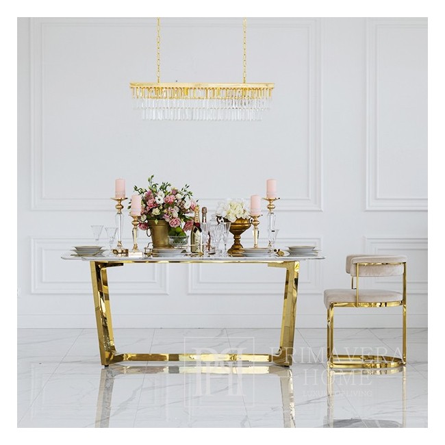 Modernus pietų stalas, plieninis, auksinis, su baltu viršumi KENT OUTLET