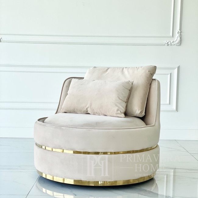 Stylish armchair ROUND stone swivel velvet beige gold 91x92x71cm